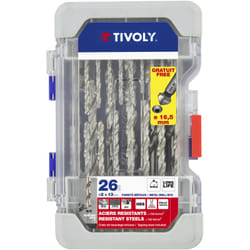 Finish - Tivoly • Coffret Ranger 26 pièces -25 forets métaux hss taillés meulés pointe en croix ø 2 à 13mm + 1 fraise à noyer hss ø 16,5mm