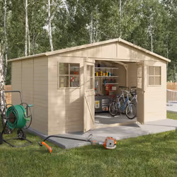 Description générale Maximisez votre espace de rangement avec notre Abri de Jardin en Bois Brut de 13 m², combinant fonctionn ...