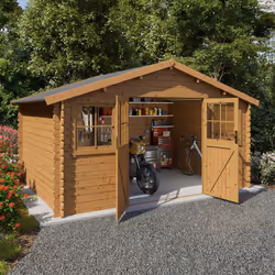Abri de Jardin Ourano en Bois Marron - 11,5 m² Le modèle 'Ourano' se distingue par sa solidité, assurée par des parois de 28 ...