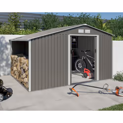 Description générale Découvrez notre abri de jardin en métal gris châtaigne avec bûcher intégré de 8,13 m², alliant esthétiqu ...