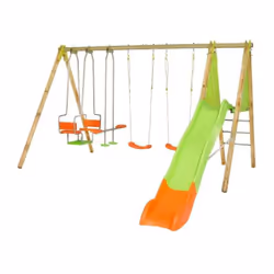 Portique bois et métal - 2,30m - 2 balançoires, 1 face a face, 1 nacelle et 1 toboggan 2,63m - kahuna Trigano