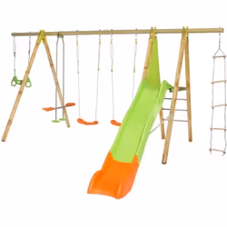 Portique en bois et métal 2,30m équipé de 2 balançoires, 1 face a face, 1 plateforme hauteur 1,20m, 1 toboggan 2,63m de gliss ...