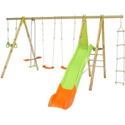 Portique bois et métal 2,30m 2 balançoires, 1 échelle de corde, 1 face a face, 1 trapeze anneaux et 1 toboggan 2,63m makuta t