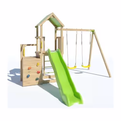 Aire de jeux en bois 2,20 m ultra xperience Trigano jardin - Mur d'escalade toboggan et balançoires - 8 enfants