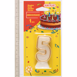 Kim'Play Bougie Chiffre 5, Cire, Blanc, 5 an(s), unisexe, À utiliser sous la surveillance d’un adulte, 180 mm
