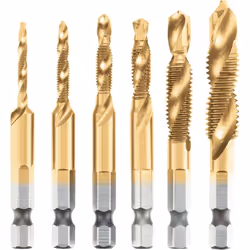 Caractéristiques techniques Acier HSS 4241 Revêtement titane Entraînement 6 pans 1/4"=6,35mm Dimensions : M3x0.5 M4x0.7 M5x0. ...