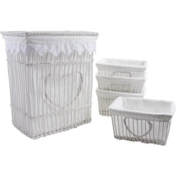 Aubry Gaspard - Panier à linge et 4 corbeilles coeur en osier et coton blanc (Lot de 5) - Blanc