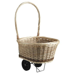 Chariot en osier brut et blanc sur roulettes