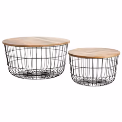 Tables basses ronde en métal noir et bois lot de 2