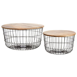 Tables basses ronde en métal noir et bois lot de 2
