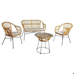 Salon de jardin en rotin 4 pièces - Marque - Modèle - Beige - Verre - 4 personnes - Salon bas - Adulte