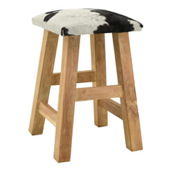 Tabouret carré en bois recyclé et peau de vache