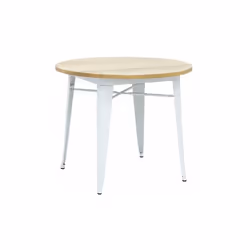 Table ronde industrielle en métal blanc et bois dorme huilé