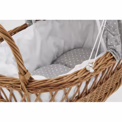 Berceau de poupée en osier buff tissu gris
