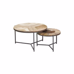 Série de 2 tables basses rondes en métal et bois plateau en peau de vache marron et blanc