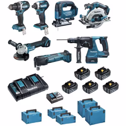 Description générale Ensemble de 7 machines sans fil MAKITA (DDF484, DTD154, DGA506, DHS680, DHR243, DTM51, DJV182) avec 5 ba ...