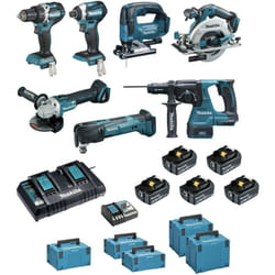Makita - Pack de 7 machines 18V DLX7014PTJ (DDF484+DTD154 +DGA506+DHR243 +DTM51+DJV182 +DHS680 + 5x5,0Ah + DC18RD + 2xMAKPAC 2 +makpac 3 + 2xMAKPAC 4)