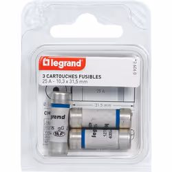 Les cartouches fusibles Legrand pour porte-fusibles, avec témoin de fusion, ont des dimensions de 10,3x31,5mm et une intensit ...