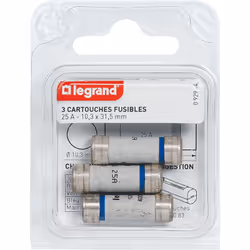 Les cartouches fusibles Legrand pour porte-fusibles, sans témoin de fusion, ont des dimensions de 10,3x31,5mm et une intensit ...
