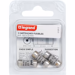 Les cartouches fusibles Legrand pour porte-fusibles, avec témoin de fusion, ont des dimensions de 8,5x23mm et une intensité d ...
