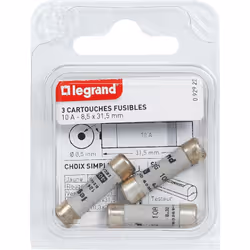 Les cartouches fusibles Legrand pour porte-fusibles, avec témoin de fusion, ont des dimensions de 8,5x31,5mm et une intensité ...