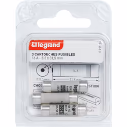 Les cartouches fusibles Legrand pour porte-fusibles, avec témoin de fusion, ont des dimensions de 8,5x31,5mm et une intensité ...