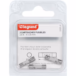 Les cartouches fusibles Legrand pour appareils électroniques, de dimensions 5x20mm et d’intensité 2,5A, sont des cartouches c ...
