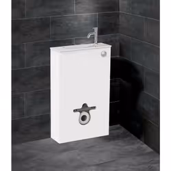 Vasque en céramique équipée complète: robinet eau froide à manette chromé brillant • Habillage Decofast : en mélaminé 19mm d’ ...