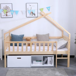 Lit tipi enfant 90x190 cm en bois naturel et rangements blanc