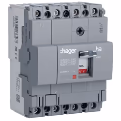 Disjoncteur thermomagnétique Hager X160 avec les caractéristiques suivantes : Tension 220/415 Vac Courant nominal 80 ampères  ...