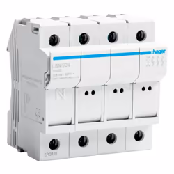 Porte-fusible sectionnable Hager L38, avec les caractéristiques suivantes : Pôles 3P+N 4 modules DIN Position neutre à gauche ...