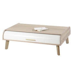 Table Basse Vintage Chêne 2 Rideaux 4 Niches - Rideau Blanc - L 114 x l 80.2 x H 36 cm