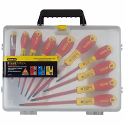 Stanley TOURNEVIS ISOLES 1000V ELECTRICIEN + PHILLIPS + POZI + TESTEUR - MALLETTE DE 10PCS FATMAX