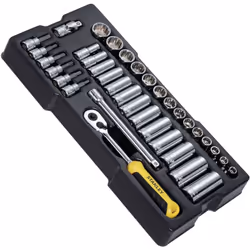 Transmodule. 36 piezas de mecánica métrica 3/8” Descripción - Carraca: Bloqueo de seguridad de los vasos, palanca de sentido ...