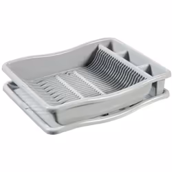 Égouttoir Curver en plastique gris clair, avec compartiments spéciaux pour égoutter les couverts. Le plateau sous l'égouttoir ...