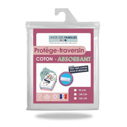 Protège Traversin 140 cm - Doux et Absorbant - Molleton 100% Coton - Elastiqué aux Bouts - Fabriqué en Europe - Linge des Familles