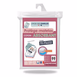 Protège Matelas 200x200 cm - Doux et Absorbant - Molleton 100% Coton - Grand Bonnet 30 cm - Linge des Familles