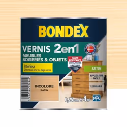 Le Vernis intérieur BONDEX 2 en 1 Incolore satin protège et embellit le bois en intérieur et extérieur : volets, portes, fenê ...