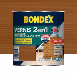 Le Vernis intérieur BONDEX 2 en 1 Chêne moyen brillant protège et embellit le bois en intérieur et extérieur : volets, portes ...