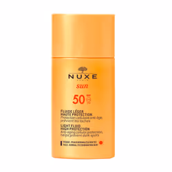 NUXE Fluide Léger Haute Protection SPF50 Sun, Lotion d’écran solaire, Visage, Bouteille, Anti-âge, Hydratant, Préviens les tâ ...