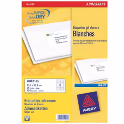 Avery J8162-25, Blanc, Jet d'encre, 99.1 x 33.9 mm, A4, 400 pièce(s), 25 feuilles