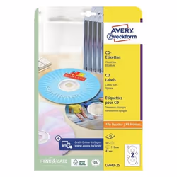 Avery L6043-25, Blanc, Rond, Permanent, A4, Papier, FSC