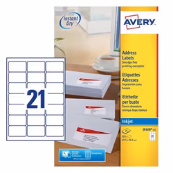Avery J8160-25, Blanc, A4, Papier, Jet d'encre, Permanent, 6,35 cm