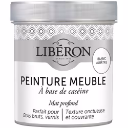 Icône de la peinture meuble bois et de la finition décorative, la peinture meuble à base de caséine Libéron s’appuie sur une ...