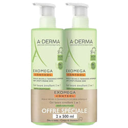 A-DERMA Exomega Control Gel Lavant Émollient 2en1 Anti-Grattage Lot de 2 x 500 ml