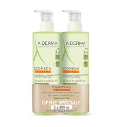 A-Derma Exomega Control Gel Lavant Émollient 2En1 Corps et Cheveux Flacons Pompe 2 x 500 ml