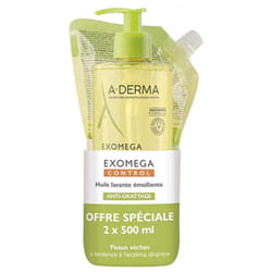 A-DERMA Exomega Control Huile Lavante Émolliente Anti-Grattage 500 ml + Recharge 500 ml