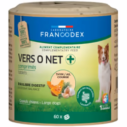 Les comprimés VERS O NET + FRANCODEX contiennent de la poudre de pépins de courge, de l'extrait d'ail et de thym qui particip ...