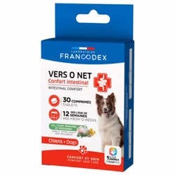 Description générale Les comprimés VERS O NET sont spécialement conçus pour les chiots et les chiens. Formulés sans insectici ...