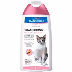 Shampoing Doux et Hydratant Pour Chats. flacon de 250 ml. Enrichi en vitamines Réhydrate la peau PH neutre. description: Enri ...
